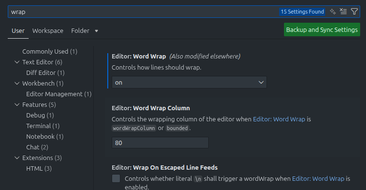 Ajuste de word wrap en vscode